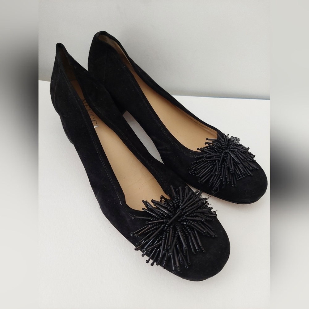 Sesto Meucci Flynn Black Suede Pump Beaded Pom-pom Toe Detail Size 8.5